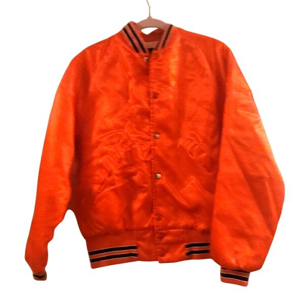 Vtg Mens 8Os Orange Satin Coat Pla Jac Size M USA Made Sportswear Bomber Jacket - Picture 1 of 11
